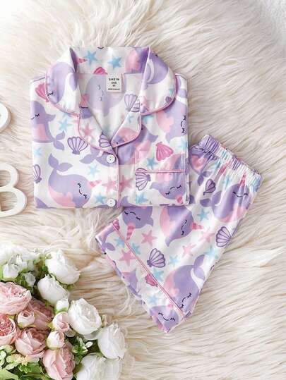 2件套 女童甜美梦幻海洋海豚印花短袖开衫和短裤休闲舒适睡衣