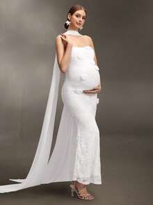Cheriluna Maternity 优雅3D立体花卉孕妇长裙，雪纺装饰修身摄影礼服，春夏孕妇装 - 白色 - 查看 6
