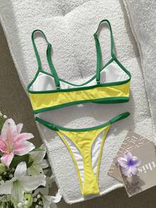 Swim SXY Đồ bơi nữ Bikini gợi cảm màu trơn phối khối, áo ngực tích hợp, áo croptop, áo ba lỗ, đồ bơi cho kỳ nghỉ, trang phục đi biển, phong cách Y2K, trang phục tập gym cho nữ, trang phục dự tiệc Valentine, Năm mới, kỳ nghỉ, từ thành phố đến bãi biển, phong cách Bohemia Xuân Hè 2026. - Màu vàng - Xem 6