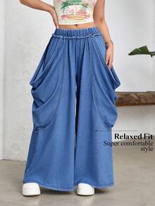 SHEIN Unity Women's Elastic Waist Pleated Casual Versatile Daily Wear Wide Leg Jeans - Blue - View 4