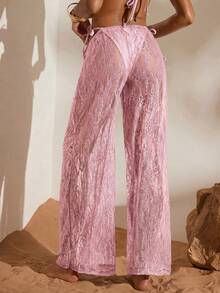 Opulessa Women's Vacation Elastic Waist Lace Cover-Up & Pants Set Summer Beach - Baby Pink - View 2