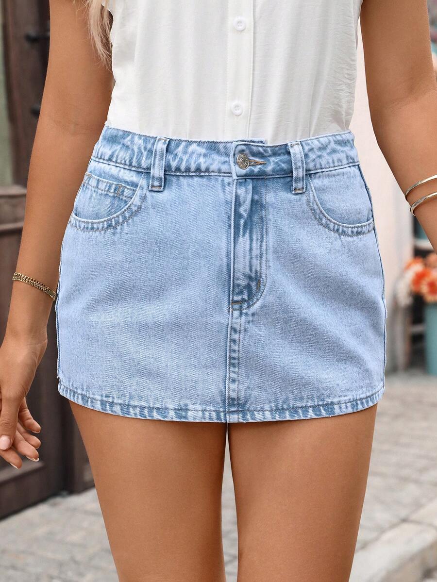 EMERY ROSE Chân váy denim nữ thường ngày, kiểu dáng thoải mái, có túi và cúc. - Rửa nhẹ - Xem 1