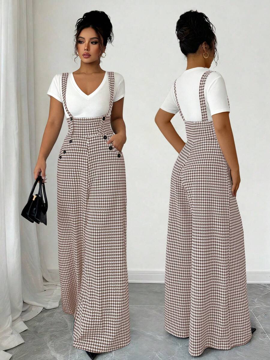 Elenzga Bộ áo liền quần ống đứng họa tiết răng cưa dành cho nữ, có dây đeo. - Màu Khaki - Xem 1