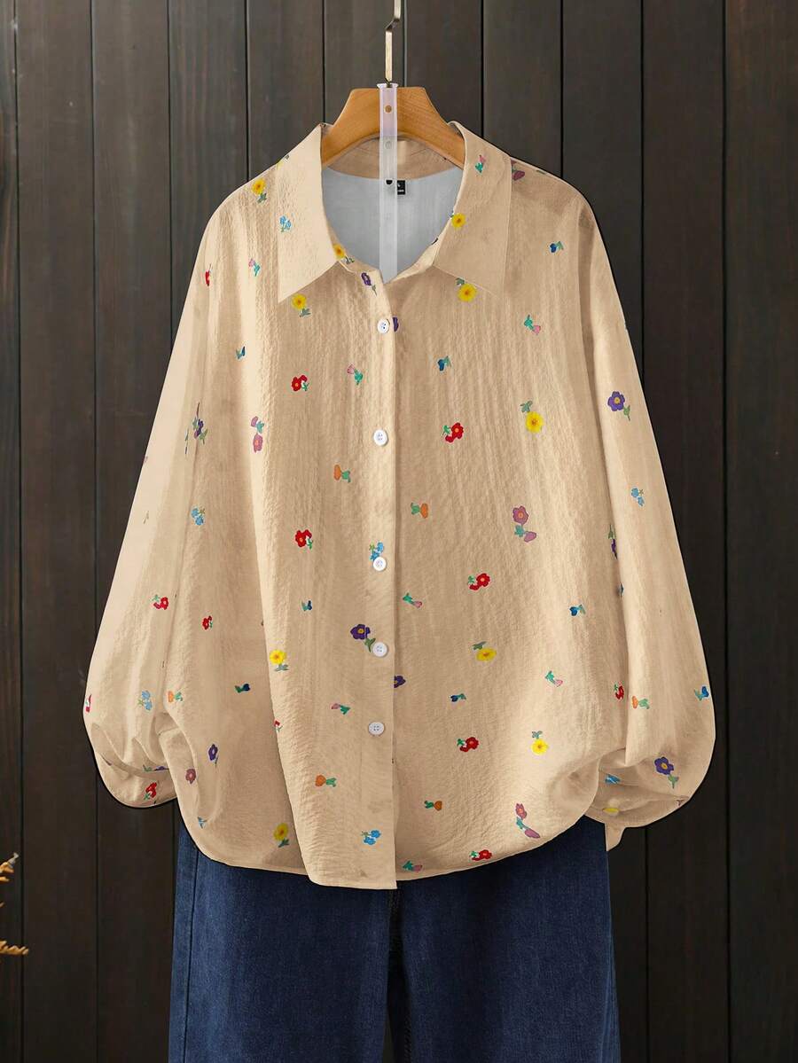 SHEIN LUNE 大码女式休闲度假通勤碎花长袖宽松衬衫,春秋季 - 卡其色 - 查看 1
