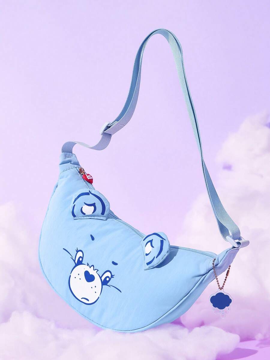 SHEIN X Care Bears 1 件装卡通图案印花装饰斜挎包,斜挎包,小包,适合旅行、通勤、外出等,适合学生、男女,图案为欢呼熊、分享熊 - 藍色 - 查看 1