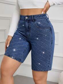 SHEIN Tall Summer TALL Women's Party, Leisure, Holiday, Vacation Sparkling Rhinestone Design Rhinestone Decor Pocket Skinny Fashion Denim Shorts Jorts - Dark Wash - View 4