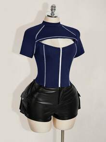 SHEIN ICON 大码女式拉链短袖休闲镂空T恤 - 藏蓝色 - 查看 9
