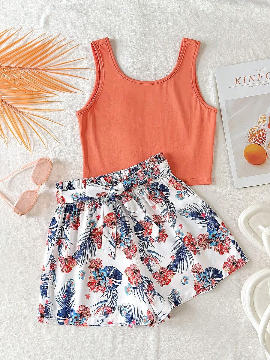 SHEIN Tween Girl Orange Tank Top With Colorful Leaf Print & Loose Shorts Set, Vacation Style, Suitable For Summer & Beach - Orange - View 1