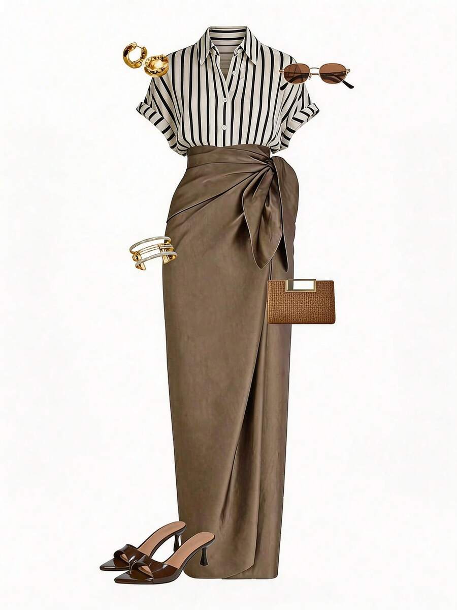GlowEve Women's Black And White Striped Wrap Top & Tie Waist Skirt 2-Piece Set,Summer Elegant Tea Party Outfit,Formal Resort Wear,Business Office Attire - Multicolor - View 1