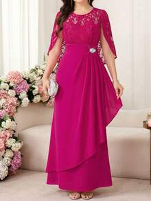 Ellevyn Women's Elegant Long Contrast Lace Dress With Cape Design - Hot Pink - View 5