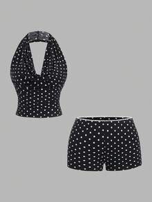 SHEIN Unity 女士休闲波点印花三合一上衣和低腰紧身短裤两件套，时尚百搭，适合日常穿着、派对和夏季通勤 - 黑與白 - 查看 3