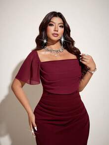 Viva Relle Plus Size Women's Spring/Summer New Arrival Luxury Elegant Wine Red Square Neck Puff Sleeve Dress, Waist Ruched Fitted Long Dress. Suitable For Romantic Weddings, Formal Parties, Valentine's Day, Luxury Elegant Style Fashion, Minimalist Plus Size Clothing - Burgundy - View 3