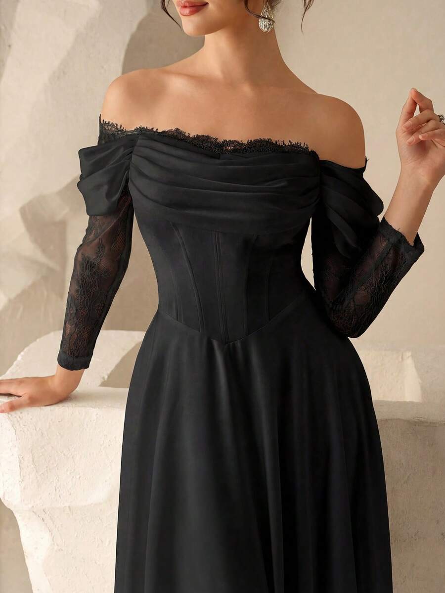 Coutiva Long Sleeve Lace Slimming Off-Shoulder Wedding Dress - Black - View 1