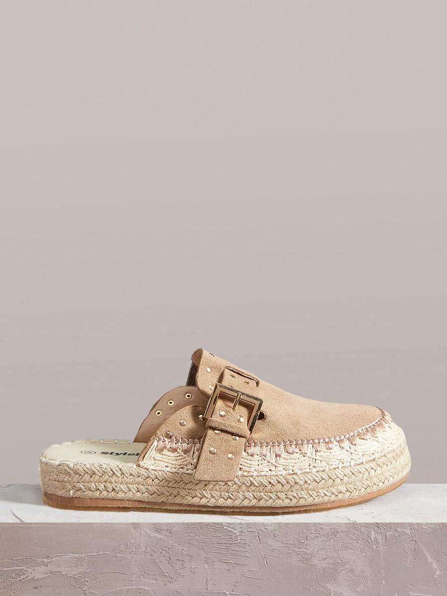 Women's Shoes Straw Vacation Casual Buckle Flat Sandals - Camel - View 1