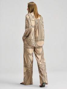 Ontre 女士条纹印花竖条纹长袖衬衫和直筒裤套装，优雅褶皱正式婚礼宾客装扮，简约浪漫法式奢华风，都市精致商务休闲办公装，低调奢华风格，高品质机场邮轮必备套装，四季皆宜的新娘派对系列女士套装 - 彩色 - 查看 3