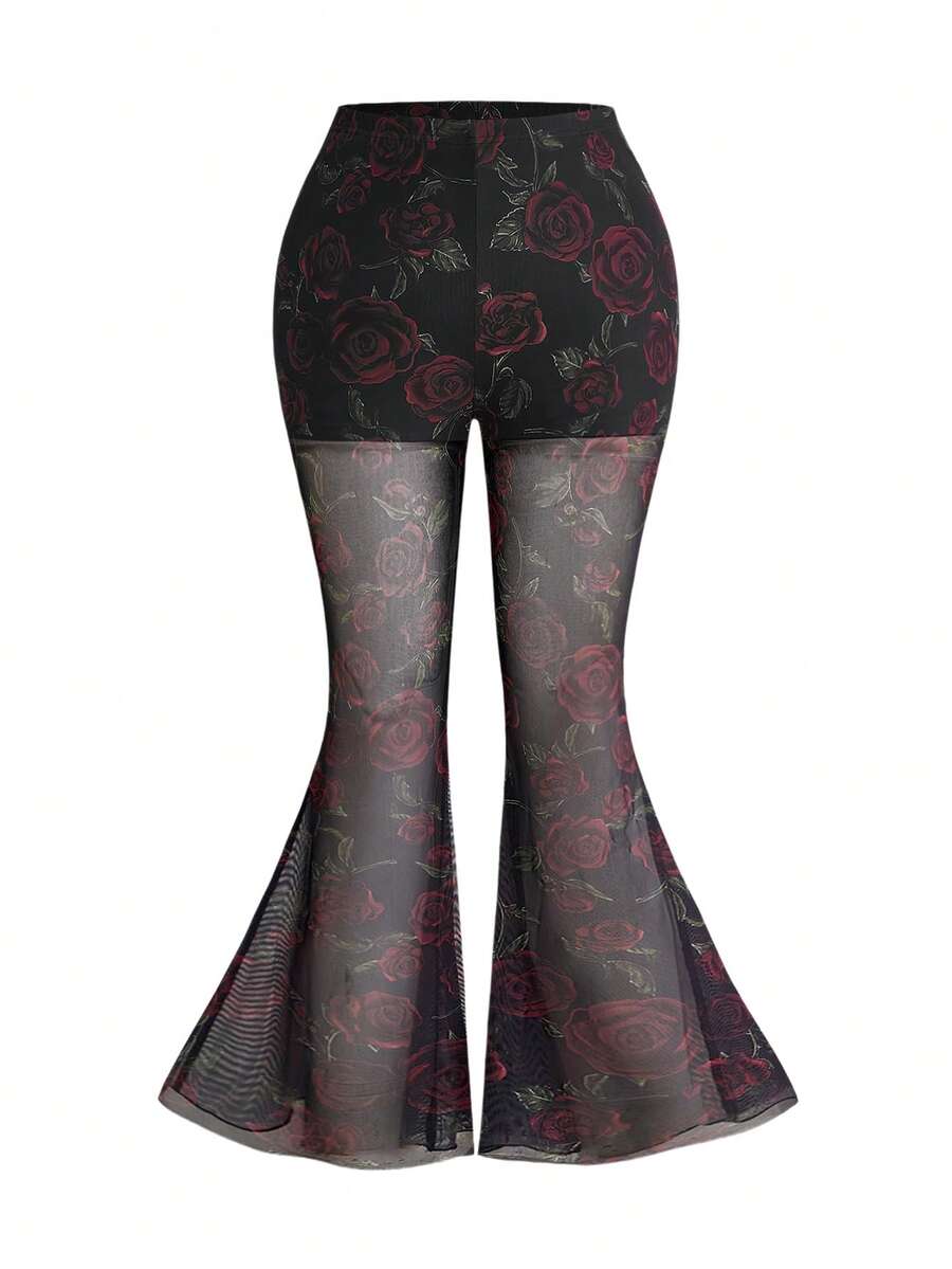 ROMWE Gothic Style Velvet Rose Print Plus Size Women Pants - Black - View 1