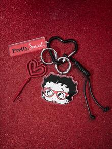Betty Boop x SHEIN 1个贝蒂娃娃红黑相间学院风女孩钥匙爱心结钥匙扣装饰吊坠个性化包包吊坠 - 彩色 - 查看 3