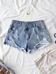 SHEIN Teen GirlBlue Ripped Denim Shorts - Medium Wash - View 4