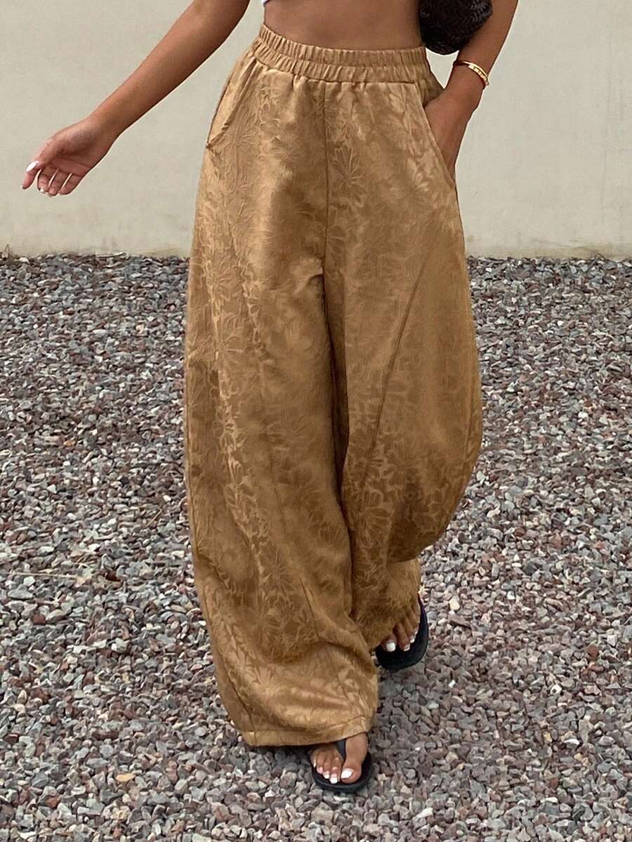 Livesso Women's Casual Satin Floral Print Drawstring Waist Pants - Brown - View 1
