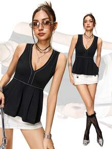 女士V领撞色滚边荷叶边休闲背心 - 黑色 - 查看 1