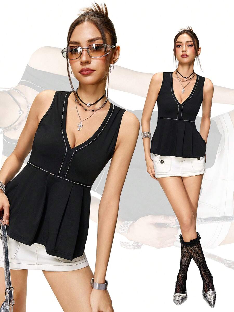 女士V领撞色滚边荷叶边休闲背心 - 黑色 - 查看 1