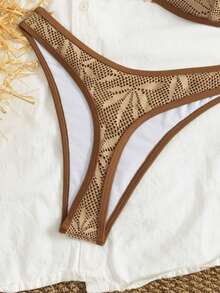 Swim Vcay 2pcs/Set New Solid Color Textured Fabric Halter Sexy Elegant Vacation Bikini Swimsuit Set, Suitable For Beach, Pool Party - Brown - View 3