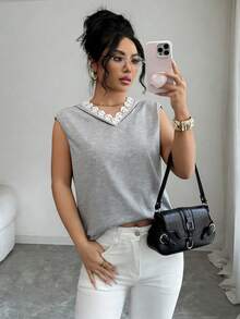 Elenzga 新款V领荷叶边无袖休闲百搭通勤女式卫衣 - 灰色 - 查看 5