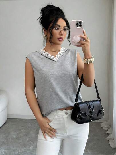 Elenzga New V-Neck Ruffle Trim Sleeveless Casual Versatile Commuter Sweatshirt For Women