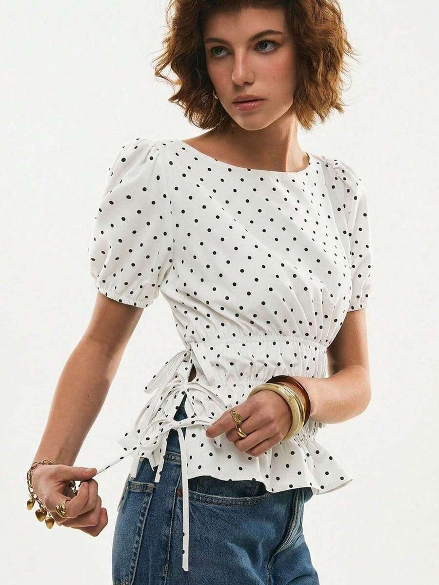 Poéselle Polka Dot Print Round Neck Short Sleeve Cinched Waist Top,Summer Top - White - View 1