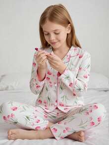 Genkimix Kids Girls Floral Print Long Sleeve Cardigan And Pants 2 Pieces Pajama Set, Comfortable Casual Sleepwear Tulip Print Pajama Set - Multicolor - View 7