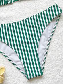Swim Mod Women's Fresh Green Striped Print Sexy Low-Waist Triangle Bikini Set, Summer - Green - View 5
