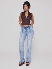 MUSERA Quần jeans ống loe cạp trung, buộc dây phía trước, chất liệu denim mài, thích hợp cho mùa xuân hè, lễ hội, gợi cảm, kỳ nghỉ ở Ibiza, phong cách cao bồi Y2K, phá cách. - Màu xanh lam - Xem 5