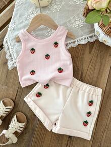 SHEIN Vintaside Kids 2件套女婴夏秋季休闲风无袖草莓装饰上衣和短裤 - 粉色 - 查看 6