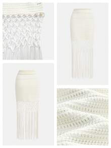 Maija Women's Vacation Beach Fringe Hem Knit Skirt, White , Summer , Festival , Beach For Women - White - View 3