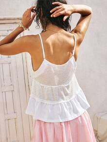 SoleilVie Damen weißes Sommer Boho Urlaub Feiertag Baumwolle Trägertop, Ananas Textur Patchwork Rüschen Saum Lässig Süß Strand Top - Beige - Übersicht 2