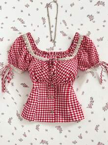 Flirla Women's Summer Plaid Print Square Collar, Lace Trim Chest Tie, Back Shirred Blouse Vacation Red And White Plaid Cute - Red - View 3