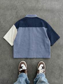 SWAVVY Men's Patchwork Corduroy Short Sleeve Shirt, Spring/Summer - Blue - View 5