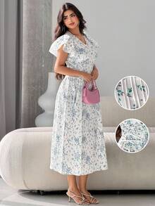 Modelyn 优雅浪漫荷叶边袖系腰连衣裙 女士夏季连衣裙 女士中长连衣裙 百褶碎花连衣裙 女士春季连衣裙 女士休闲连衣裙 女士夏季连衣裙 - 彩色 - 查看 4