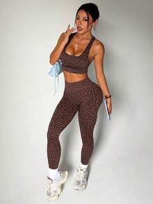 Dewbera Bộ 2 món gồm áo ngực thể thao và quần legging yoga cạp cao, không đường may, họa tiết da báo gợi cảm dành cho nữ. - Cà phê nâu - Xem 5