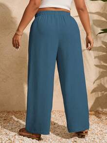 SHEIN Clasi Quần ống đứng dáng suông, màu trơn, cạp chun, túi xéo, cỡ lớn, kiểu dáng thường ngày. - Màu xanh Cadet - Xem 2