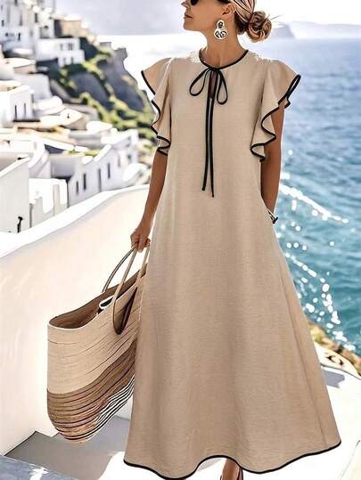 Louniche 女士休闲长裙，荷叶边撞色设计，适合夏季度假、日常通勤、外出、居家、节日等场合，百搭实用。