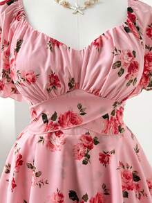 Sweetra Plus Size Women Casual Vacation Sweet Floral Print Pink Double Ruffle Jumpsuit - Pink - View 3