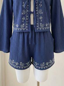 SHEIN EZwear 两件套女士藏蓝色刺绣系带长袖上衣和短裤套装 - 藏蓝色 - 查看 5