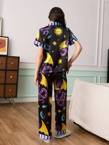 Chillnights Young & Fun Energetic Star Eyes & Dragon Print Striped Lapel Cardigan Pajama Set For Women - Multicolor - View 2