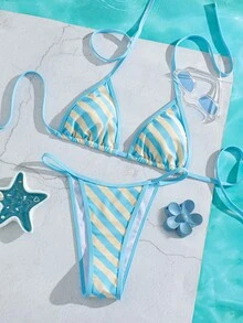 Bộ 2 món bikini tam giác buộc dây cổ, họa tiết sọc ngẫu nhiên, gợi cảm, thanh lịch, thích hợp cho bãi biển và tiệc bể bơi. - Nhiều màu - Xem 4