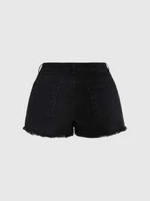 ROMWE Grunge Punk Plus Size Women Retro New Chinese Style Embroidered Fringe Denim Shorts - Black - View 2