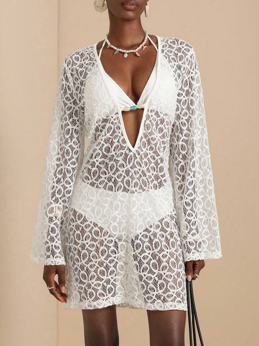 Lyxana Women's Lace Sheer Elegant Vacation Dress - White - View 1