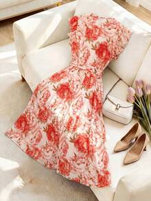 Vestido de verano de mujer con estampado floral elegante, cuello cruzado y volantes en el bajo - Multicolor 4 - Ver 9