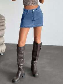 EURMUSE Low Waist Slant Pocket Y2K Mini Denim Skirt - Blue - View 5