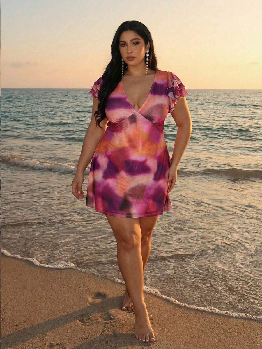 SHEIN BAE Vestido corto con degradado y volantes en el bajo para mujer talla grande, vestido de vacaciones - Multicolor - Ver 1